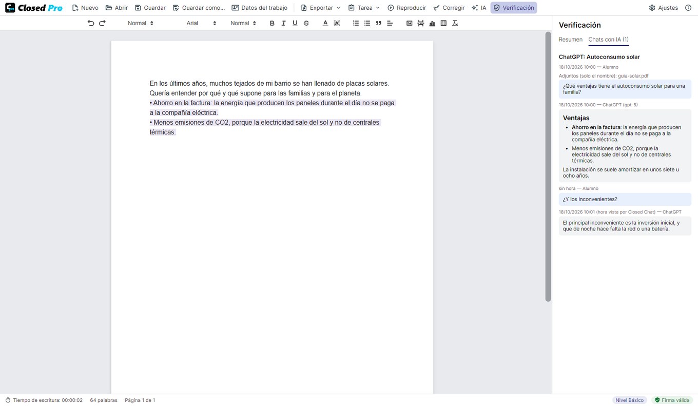 Verificación de un trabajo de Closed Pro con su chat